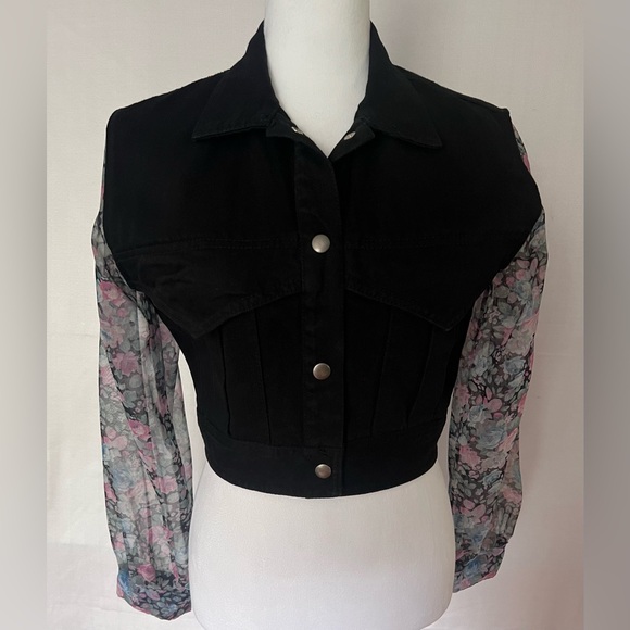 - Paris Blues Vintage Black Jean Jacket Sheer Flower Print Sleeves - Size … - Picture 1 of 11